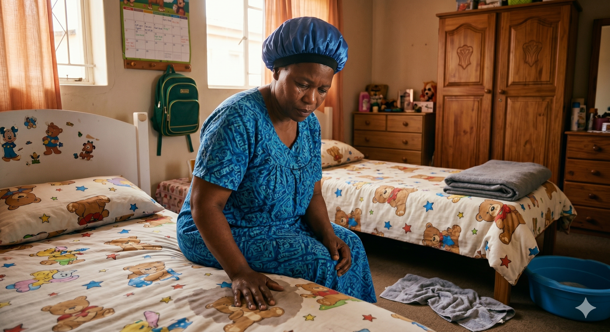 Nigerian mother checking child's bed